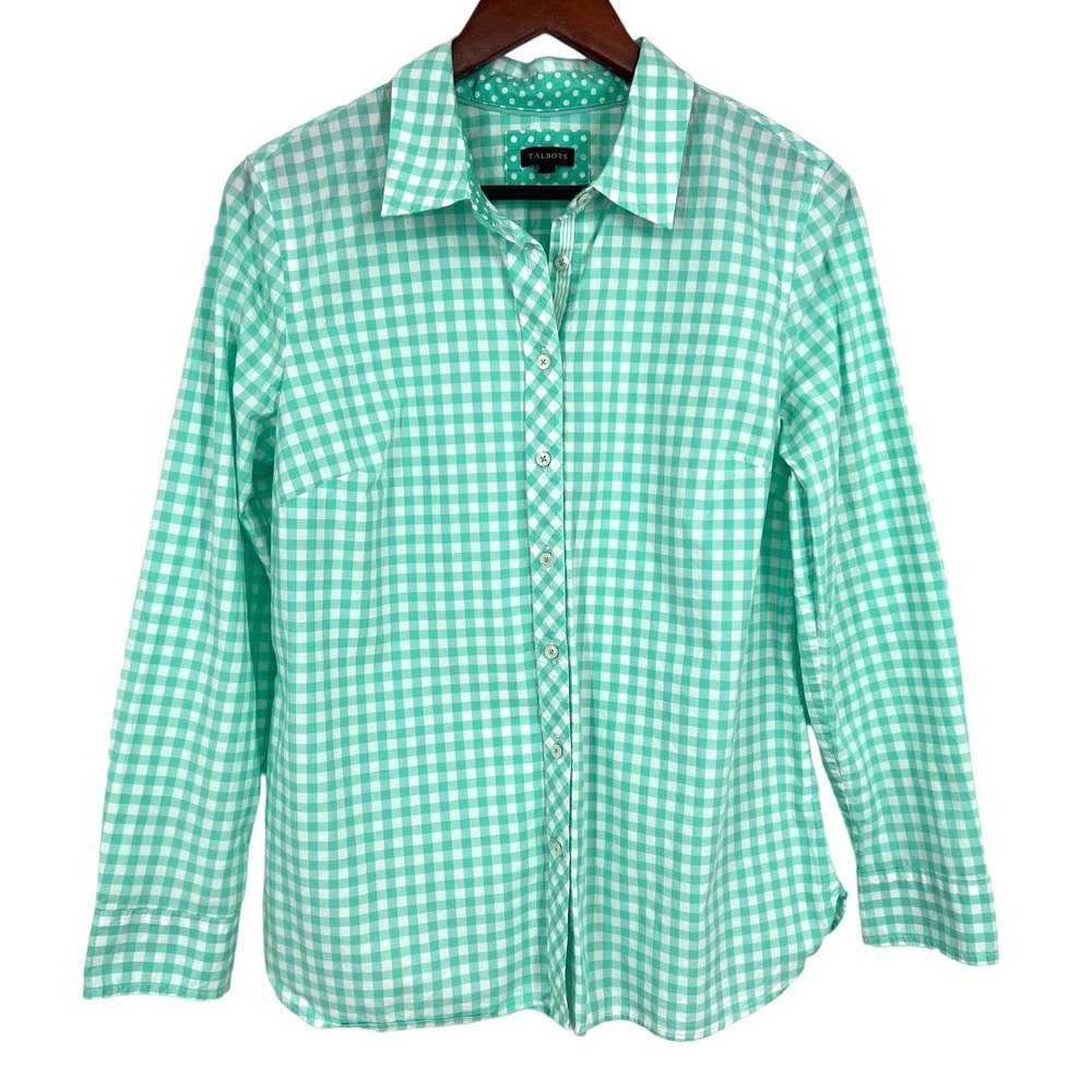 Talbots Mint Green and White Gingham Button-Up Blouse